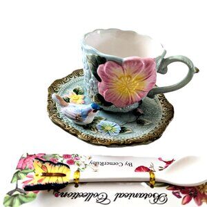 Corner Ruby Botanical Collection Flowered Cup & Saucer/ Blue Bird! /Flowers